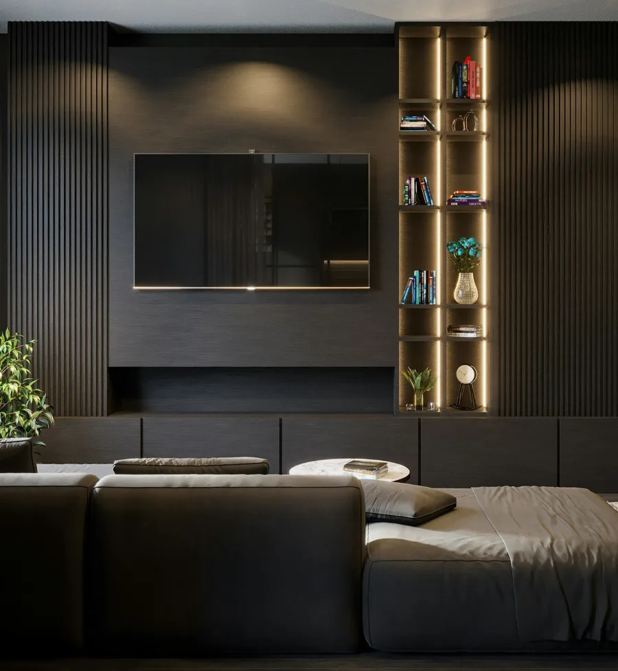 A living room in the evening, the television off, lit shelves
