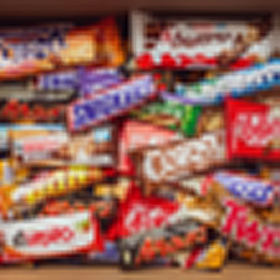 Caja llena de barritas de chocolate envueltas, vista desde arriba, imagen difuminada a propósito