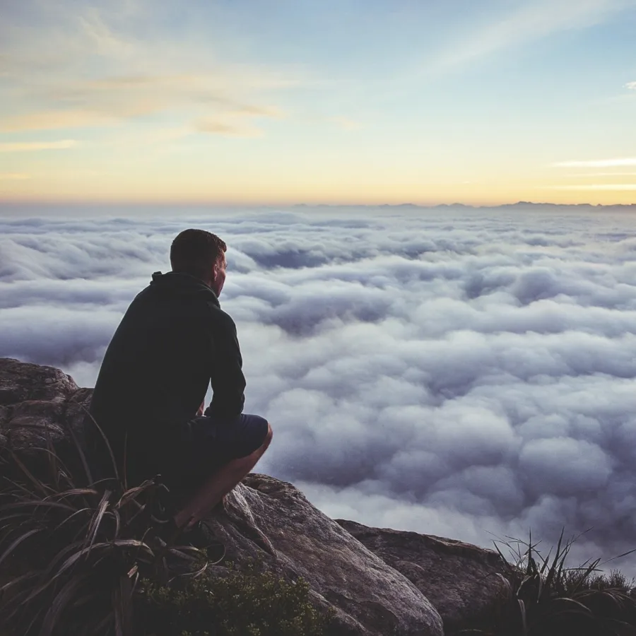 Persona sentada sobre una roca por encima de un mar de nubes, al amanecer