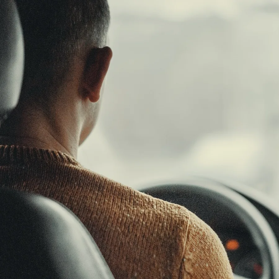 Una persona vista de espaldas al volante, con la mirada puesta en la carretera