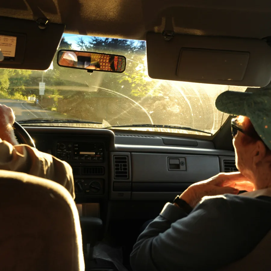 Una pasajera relajada en la parte delantera de un coche, en una carretera rural al sol