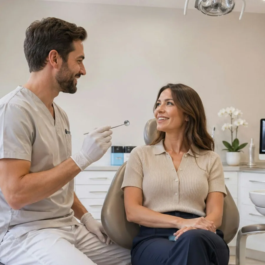 Une femme souriante assise dans le fauteuil dentaire, en conversation avec son dentiste