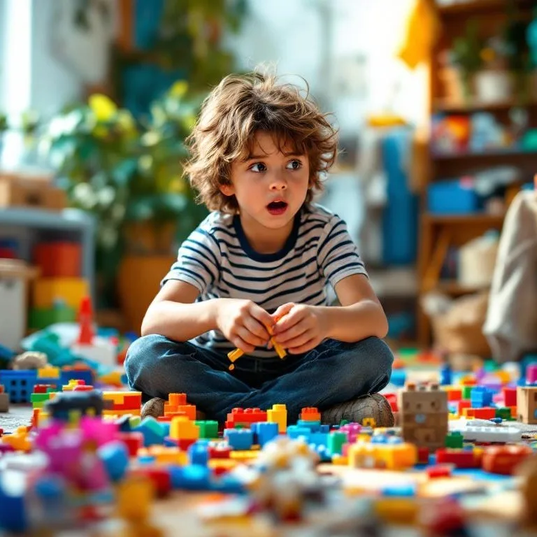 A boy sitting cross-legged among scattered building bricks, looking surprised
