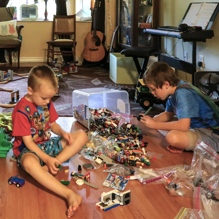 Two boys sitting on a living-room floor, absorbed in a pile of building bricks