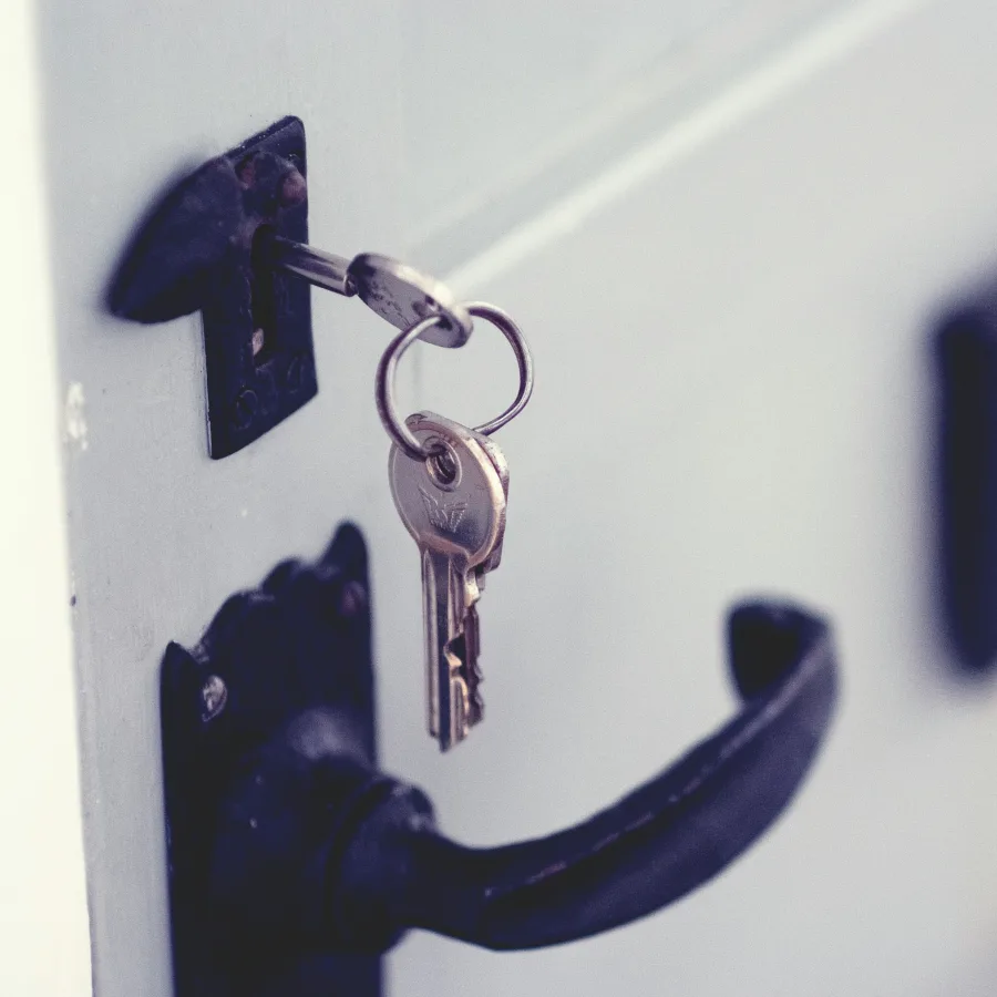 A bunch of keys left in the lock of a front door