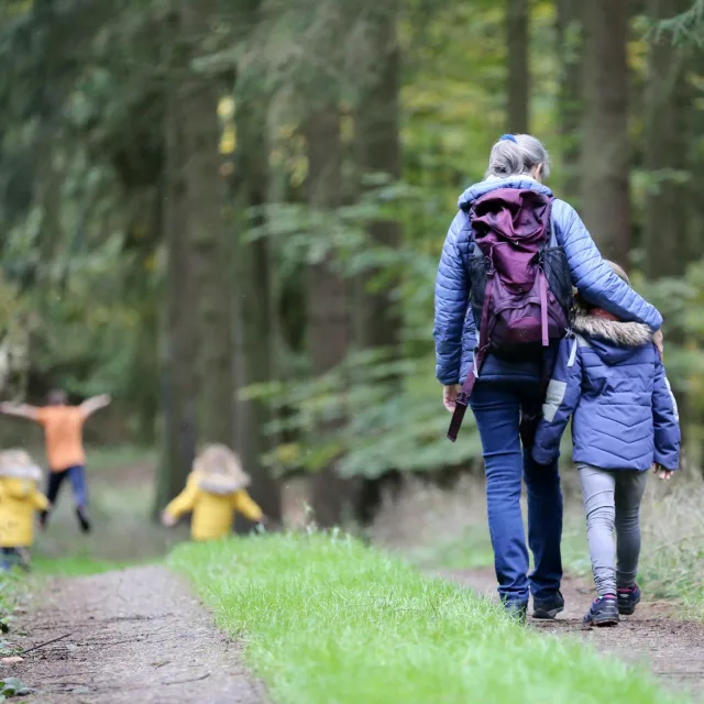 Family walking calmly in a forest, children playing in the background